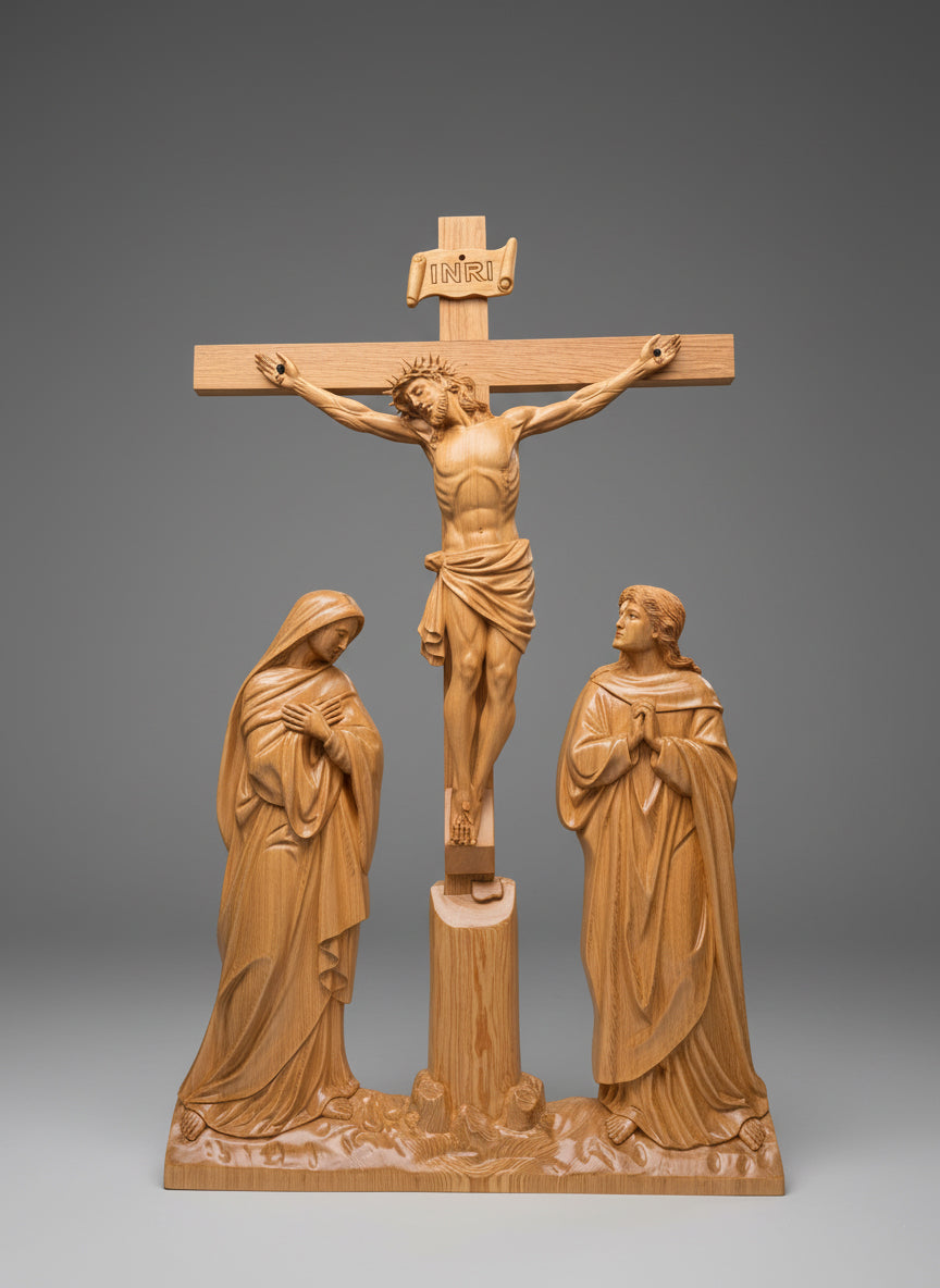 Wooden Crucifixion Statue Set, Jesus on the Cross with Virgin Mary and Saint John, Handmade Catholic Religious Sculpture Home Altar Decor